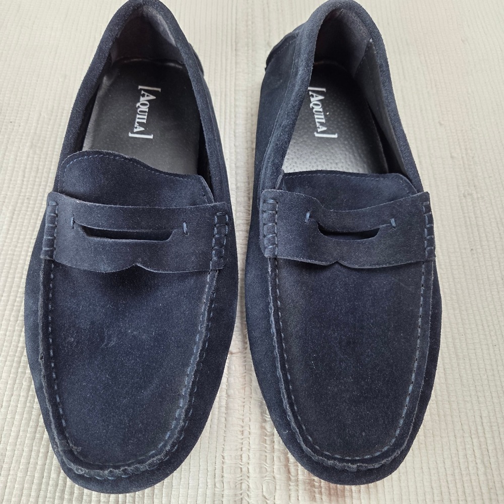 Aquila Luciano Navy Suede Driving Loafers Mens 43 Penny Shoes Leather Lining